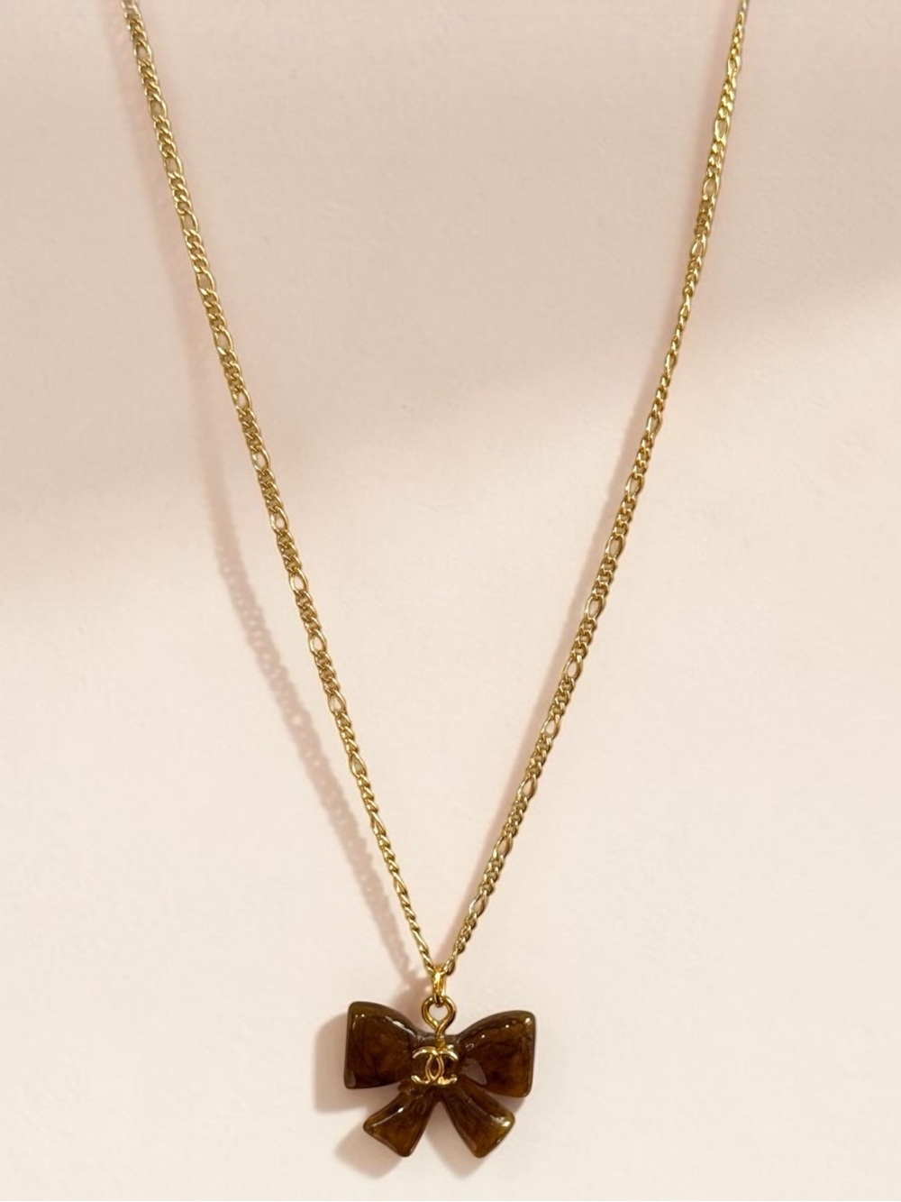 Gold Chain 18 inch Figaro linked BZL Necklace with Brown Bow Logo Pendant